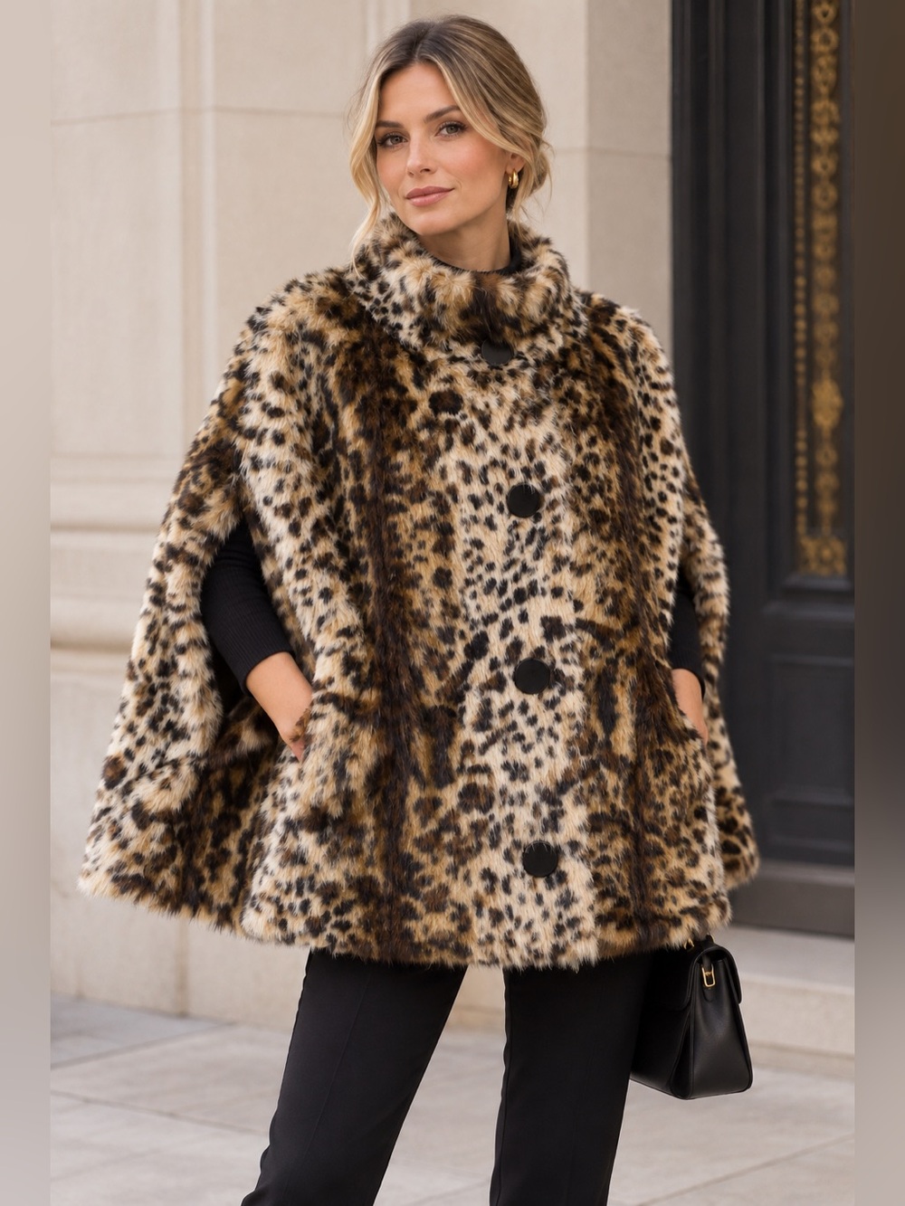 Boutique Leopard Faux-Fur Cape Coat - Brown/Black